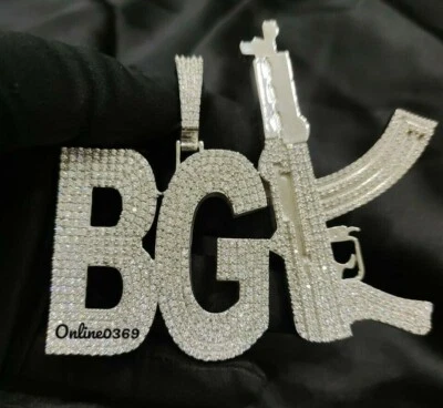 Men's Customized BG Name Unique Gun Pendant White Gold Plated Silver Free Stud - Image 1 of 4
