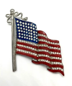 US Flag Brooch Pin Red Blue Enamel Paint Rhinestones Vintage 1940’s - Picture 1 of 13