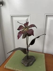 Vintage MCM Brutalist Metal Flower & Leaves W/ Stone Base - Picture 1 of 8