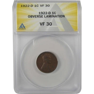 1922 D Lincoln Wheat Cent VF 30 ANACS Lamination Mint Error SKU:I22128 - Image 1 of 4
