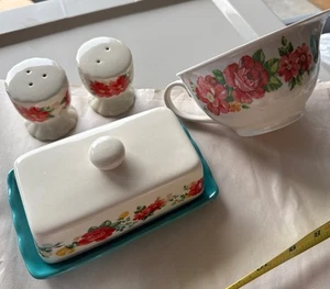 Pioneer Woman Floral Butter Dish with Salt & Pepper Shakers & Measuring Cup - Picture 1 of 16