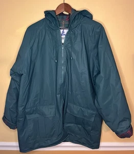 Misty Harbor Jacket Mens Large Green Hooded Plaid Lined PVC Rain Slicker Parka - Picture 1 of 7