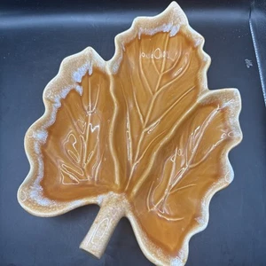 VINTAGE MCM HULL OVEN PROOF USA LARGE ORANGE DRIP GLAZE LEAF SERVING PLATTER 12” - Picture 1 of 4