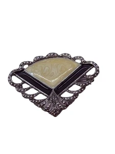 Vintage Art Deco Handfächer Anstecknadel Brosche silberfarben gelber Stein - Bild 1 von 3