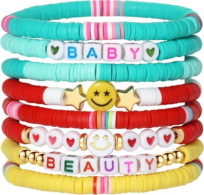 Preppy Bracelets Set Colorful White Gold Smile Heart Star Polymer Beaded Pearl C - Image 1 of 4