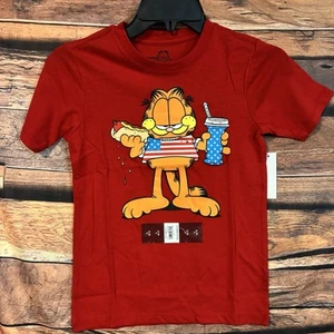 Garfield T-Shirt Small 6/7 Youth Red Patriotic Short Sleeve July 4th USA Hot Dog - Picture 1 of 6