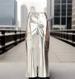 Women's Casual Cargo Pants Relaxed Fit Wide Leg SILVER METALLIC Small 4-6 - Picture 1 of 10