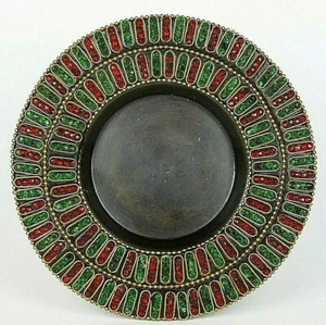 Rhinestones And Metal 6 1/4" Trinket Tray W/500 Red And Green Inlays Around Edge - Picture 1 of 7