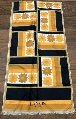 "Bufanda oblonga sedosa Lanvin Paris de colección borde crudo naranja tostado negro ~ flores 17x70""" Foto 1 de 4
