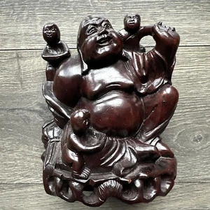 Vintage Chinese Large Carved Wood Happy Buddha with 3 Kids - Picture 1 of 10