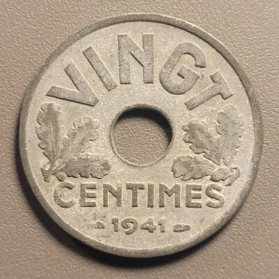 1941 France 20 Centimes Coin - Zinc - Image 1 of 2