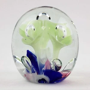 Vintage St Clair Art Glass Paperweight Green Flowers Encased Controlled Bubbles - Picture 1 of 8