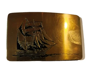 Vintage Ampersand Brass Belt Buckle Tall Sailing Ship Schooner - 1970s - Picture 1 of 3