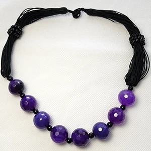Purple Disco Ball Bubblegum Beads Black Multi-Strand Cord Necklace 19" Handmade - Picture 1 of 8