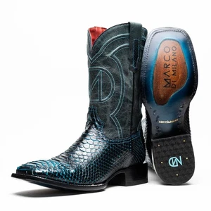 NUEVO Marco Milano Western Botas de Vaquero Zapatos Cuero Pitón Genuino Negro Azul EE. UU. - Imagen 1 de 5