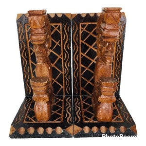 Sujetalibros de estatuilla Tiki tribal maya azteca madera tallada a mano MCM de colección RARO DIFÍCIL DE ENCONTRAR - Imagen 1 de 8