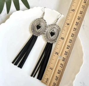 NWTAntiqued Western Earrings Silver Concho Faux Suede Tassel Boho Cowgirl Rodeo - Picture 1 of 6