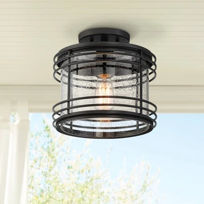 Modern Outdoor Ceiling Light Fixture Black 11" Clear Seedy Glass for Porch Patio - Image 1 of 4