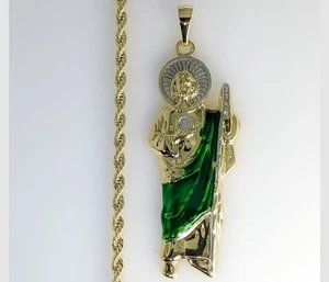 X-Large Gold Plated Saint Jude Pendant 4mm Chain Necklace Oro San Judas Cadena - Picture 1 of 7