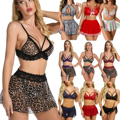 Sexy Lingerie Womens Nightwear Lace Bra and Skirt Pajamas Set Babydoll Sleepwear - Image 1 of 4