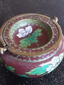 VINTAGE CHINESISCHER CLOISONNE EMAILLE MESSING BLUMEN KLAPPDECKEL RÄUCHERGEFÄSS ASCHENBECHER - Bild 1 von 4