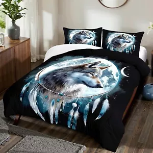 Moon Wolf Comforter Set Queen Size Black Safari Animal Wolves Bedding Set Blu... - Picture 1 of 7