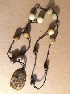 Hand Carved Natural Jade Buddha Pendant on knotted Beaded 34” Necklace - Picture 1 of 6