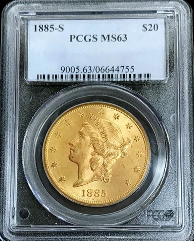 1885 S GOLD USA $20 DOLLAR LIBERTY HEAD DOUBLE EAGLE PCGS MINT STATE 63 Cover
