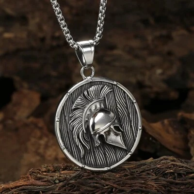 Gladiator Shield Necklace Silver 316L Stainless Steel 300 Spartan Helmet Pendant - Image 1 of 4