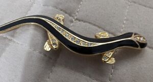 Gold Tone Black Enamel Crystal Rhinestone Salamander Brooch Pin 2.65 In.