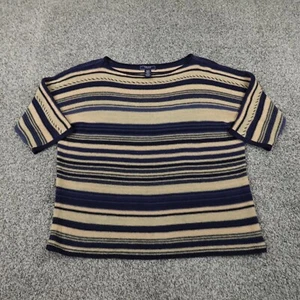 Ralph Lauren Chaps Sweater Womens M Beige Blue Linen Blend 3/4 Sleeve Sweatshirt - Picture 1 of 7