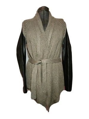 Свитер Line The Label серо-коричневый вафельная вязка кожаные рукава водопад открытый передний M - Изображение 1 из 4