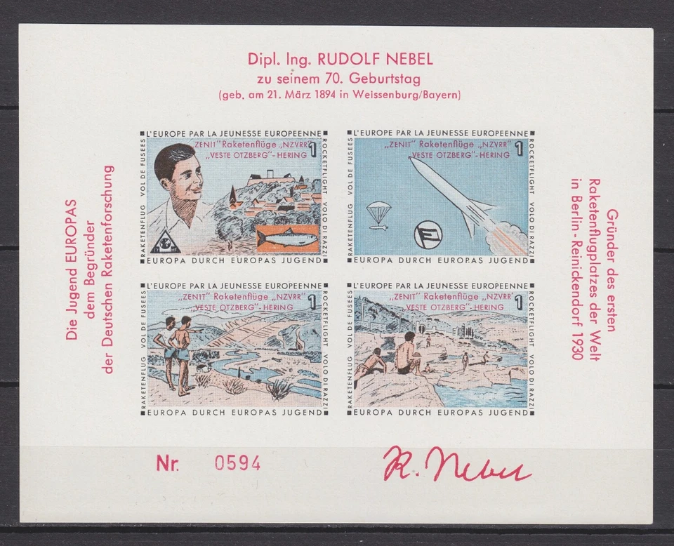 Deutscher Raketenflug - Gedenkblock zum 70. Geb. von Dipl. Ing. RUDOLF NEBEL !! - Bild 1 von 1