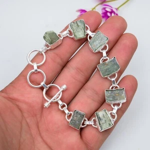 Prehnite Raw Gemstone Chain Bracelet 925 Sterling Silver Handmade Jewelry Gift - Picture 1 of 5