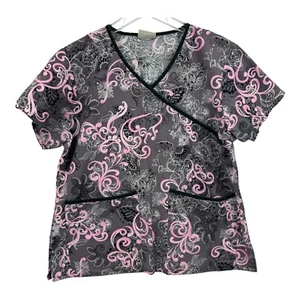 Tafford Women Size L Scrub Top Purple And Pink Pattern Pockets Medical Nurse - Picture 1 of 5