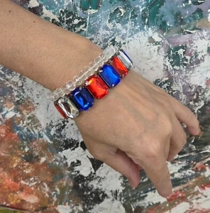 Red White Blue Bracelet Patriotic Acrylic Bling Beaded Stretch Bracelet thinner - Picture 1 of 8