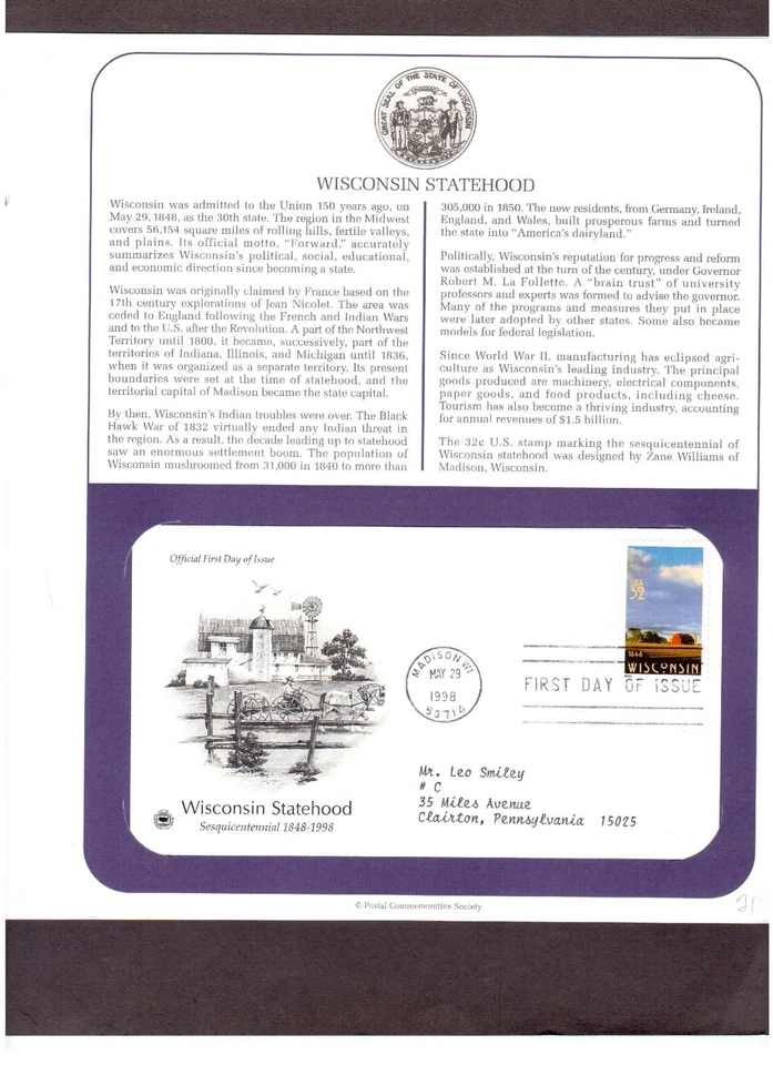 Postal Society First Day FDC Stamp # 3206 Wisconsin Statehood 32 cent 1998 - Image 1 of 1