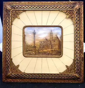 ANTIQUE MINIATURE PAINTING, BASILICA OF ST MARIE (ROME), IVORINE/BRASS, SIGNED - Picture 1 of 5