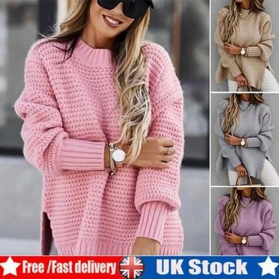 Women Chunky Knitted Sweaters Ladies Long Sleeve Winter Baggy Plain Jumper Tops - Image 1 of 4