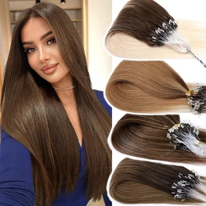 14~24Inch Micro Loop Ring Hair Extensions Micro Bead Remy Human Hair Straight - Picture 1 of 41