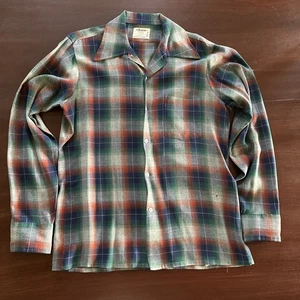VTG Arrow Chevella Shirt Mens M Blue Green White Shadow Plaid Rayon Button Up  - Picture 1 of 9