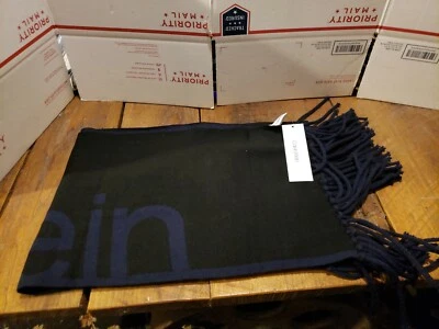 CALVIN KLEIN BLACK BLUE KNIT UNISEX ACRYLIC WINTER SHAWL SCARF MUFFLER A8KS4913 - Image 1 of 4