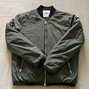 Zara Full Zip Up Bomber Jacket Coat Men Size L Green 2 Zip Pockets - Picture 1 of 9