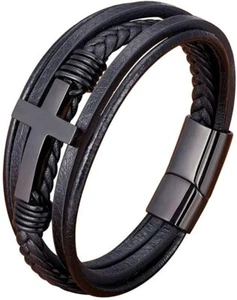 Classic Cross Multi Layer Stainless Steel Fashion Men's Leather Bracelet Gift - Picture 1 of 19