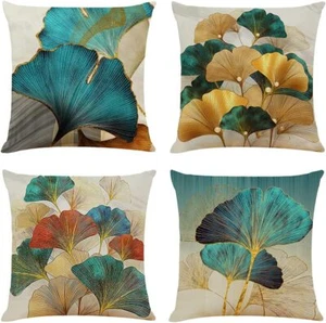 Set of 4 Cushion Covers 45Cm X 45Cm Modern Gold and Teal Leaves Decorative Th... - Picture 1 of 6
