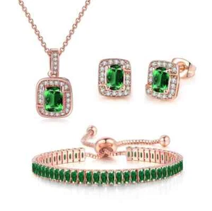 18K Rose Gold Emerald Princess Halo Pendant Necklace, Earrings & Tennis Bracelet - Picture 1 of 9