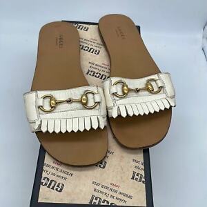 Gucci White leather trim horsebit flat slide sandals 39.5