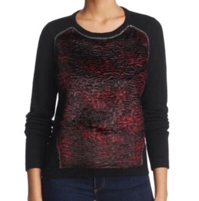 Elie Tahari 人造毛皮毛衣长袖小号美利奴羊毛动物印花 — 第 1/4 张图片