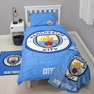MANCHESTER CITY FC LEGEND SINGLE DUVET COVER SET BLUE FOOTBALL BEDDING MAN KIDS - Image 1 of 4