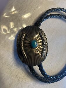 UnSigned Southwestern Sterling Silver Turquoise Bolo Tie Black Braided Cord